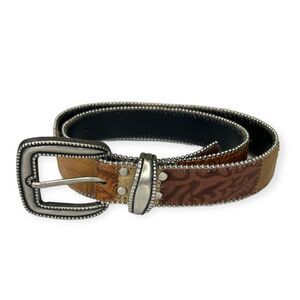 Vintage Elite Accessories Patchwork Belt Silver Ball Trim Neutral Boho Medium